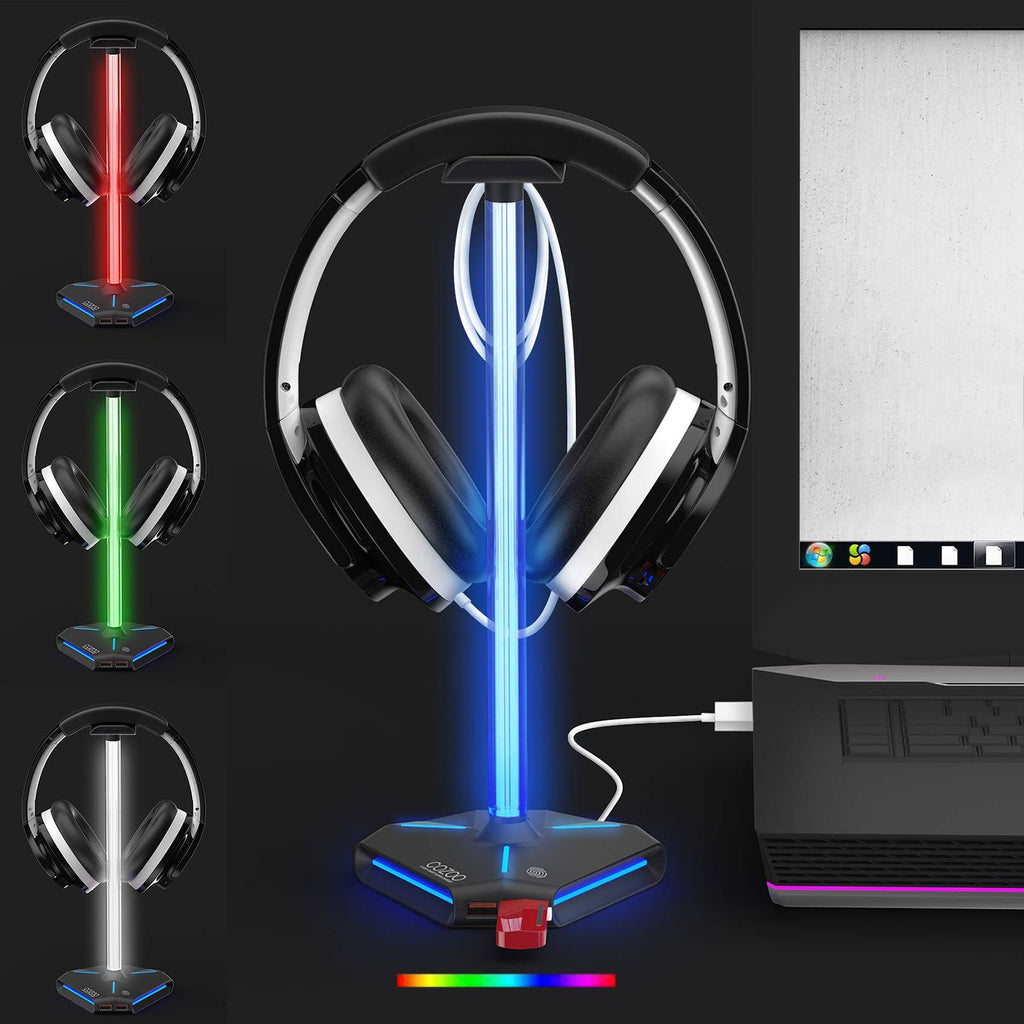 COZOO RGB Headphone Stand with 2 USB2.0 Extension Charging Port Extender Cord,Headset Stand Holder for Gamer Desktop Table Game Earphone Accessories Triangle