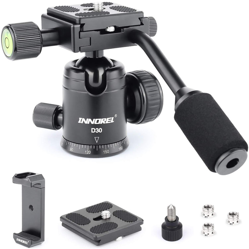 D30 Panoramic Ball Head with Handle All Metal CNC Ballhead Camera Mount INNOREL Tripod Heads with Two Quick Release Plates and Phone Clip for Monopod, DSLR, Camcorder, DV, Telescope，Max Load 22lb/10kg