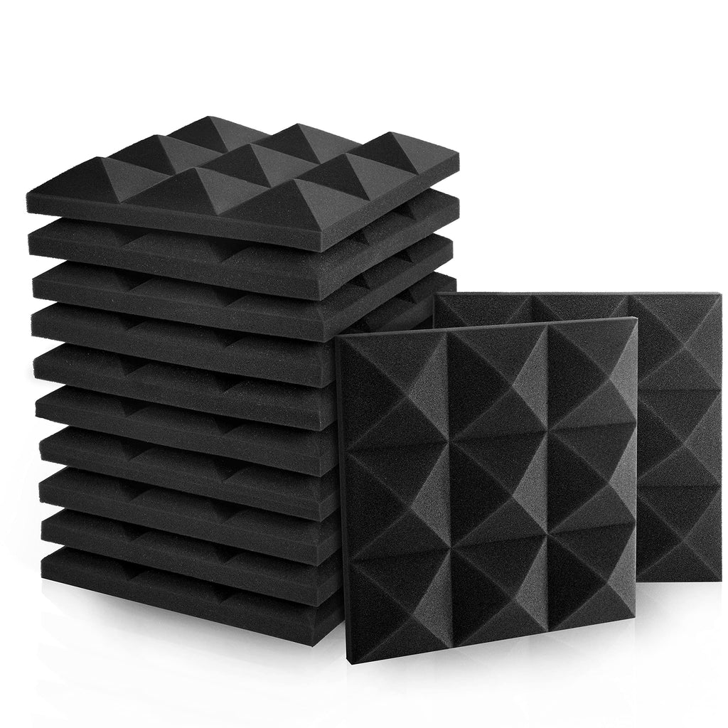 Acoustic Foam Panels - Pyramid Recording Studio Wedge Tiles - 2" X 12" X 12" Isolation Treatment for Walls and Ceiling (12 Pack, Black) 12 Pack