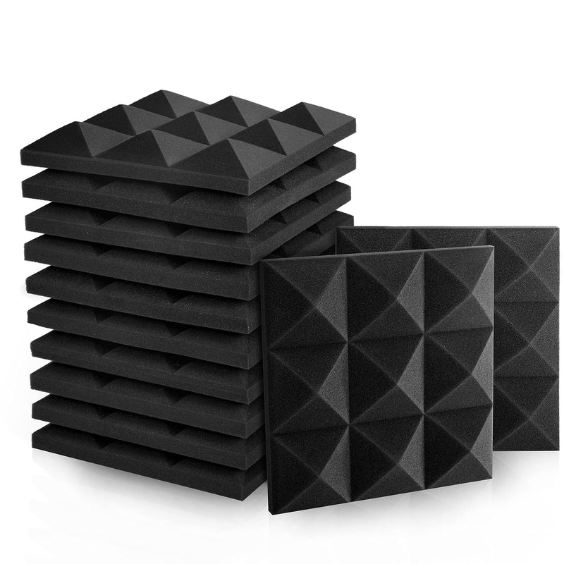 Acoustic Foam Panels - Pyramid Recording Studio Wedge Tiles - 2" X 12" X 12" Isolation Treatment for Walls and Ceiling (12 Pack, Black) 12 Pack