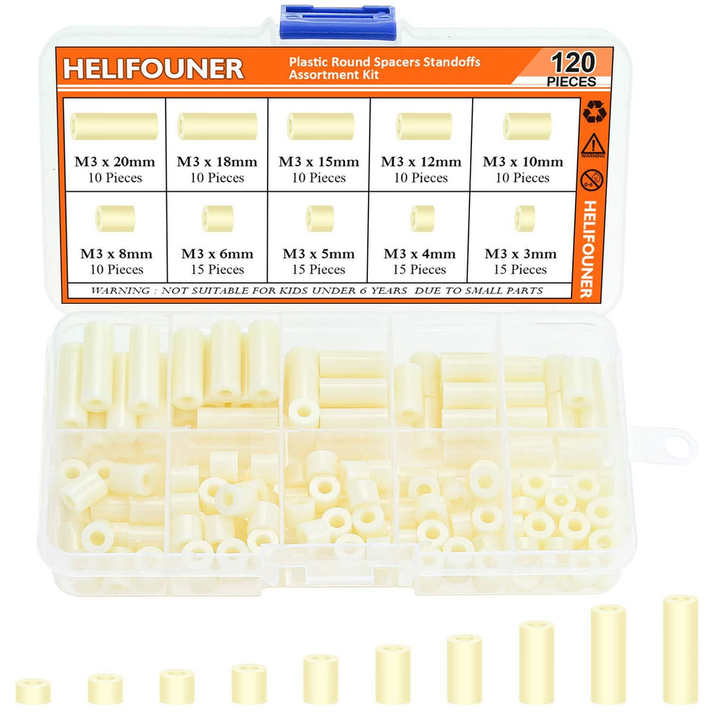 HELIFOUNER 120 Pieces Nylon Round Spacer Standoffs Assortment Kit for M3 Screws