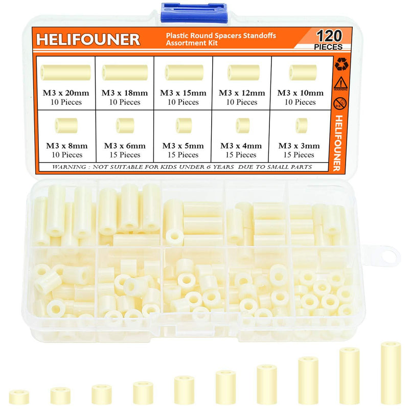 HELIFOUNER 120 Pieces Nylon Round Spacer Standoffs Assortment Kit for M3 Screws