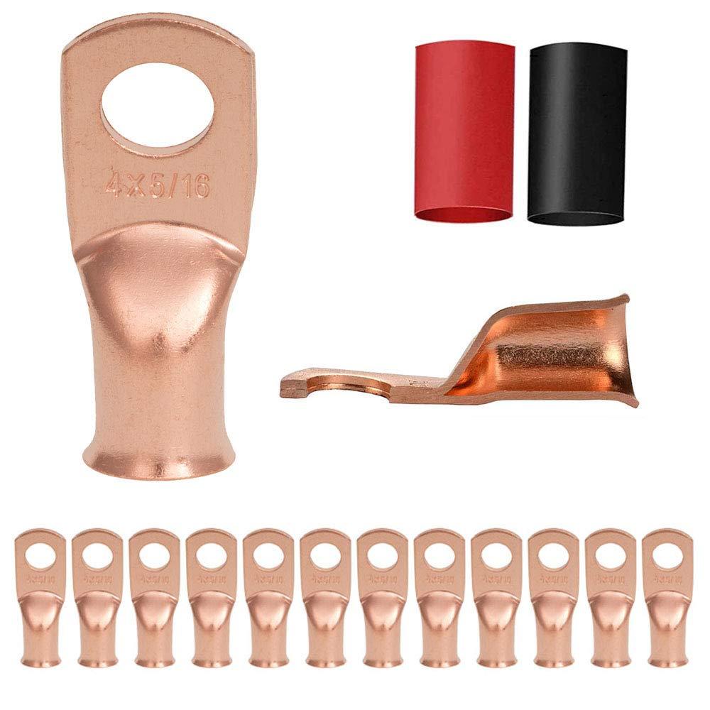 12PCS 4x5/16 Copper Ring Terminal Connectors 4 AWG Heavy Duty Battery Cable Ends Bare Copper Lugs with 12 PCS 3:1 Heat Shrink Tubing for Vehicle Boat Marine Use 4AWG-5/16"Ring