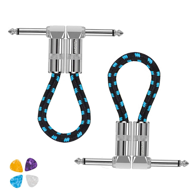 Guitar Patch Cables, BARDESTU 2 Pack 6 inch 1/4 Right Angle Plugs Pedal Short Effect Cable Low Noise Guitar Pedalboard Patch Cords with 4 Picks for Instrument Effects and Pedal Boards 6inch-2 packs Blue-Balck