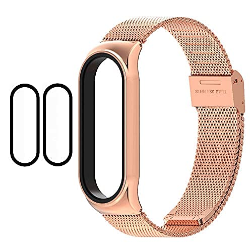 1 Mi Band 5 Strap Metal + 2 Mi Band 5 Screen Protector, 16mm Replacement Band Strap for Xiaomi Mi Band 5 Global Version Smart Bracelet (Rose Gold)