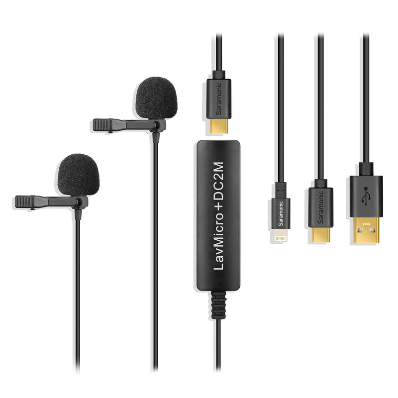Saramonic 2-Person Digital Lavalier Microphone with Lightning, USB-C & USB-A Output for iPhone, iPad, Android Devices & Computers with Headphone Output (LavMicro+DC2M) 2-Person Lavalier