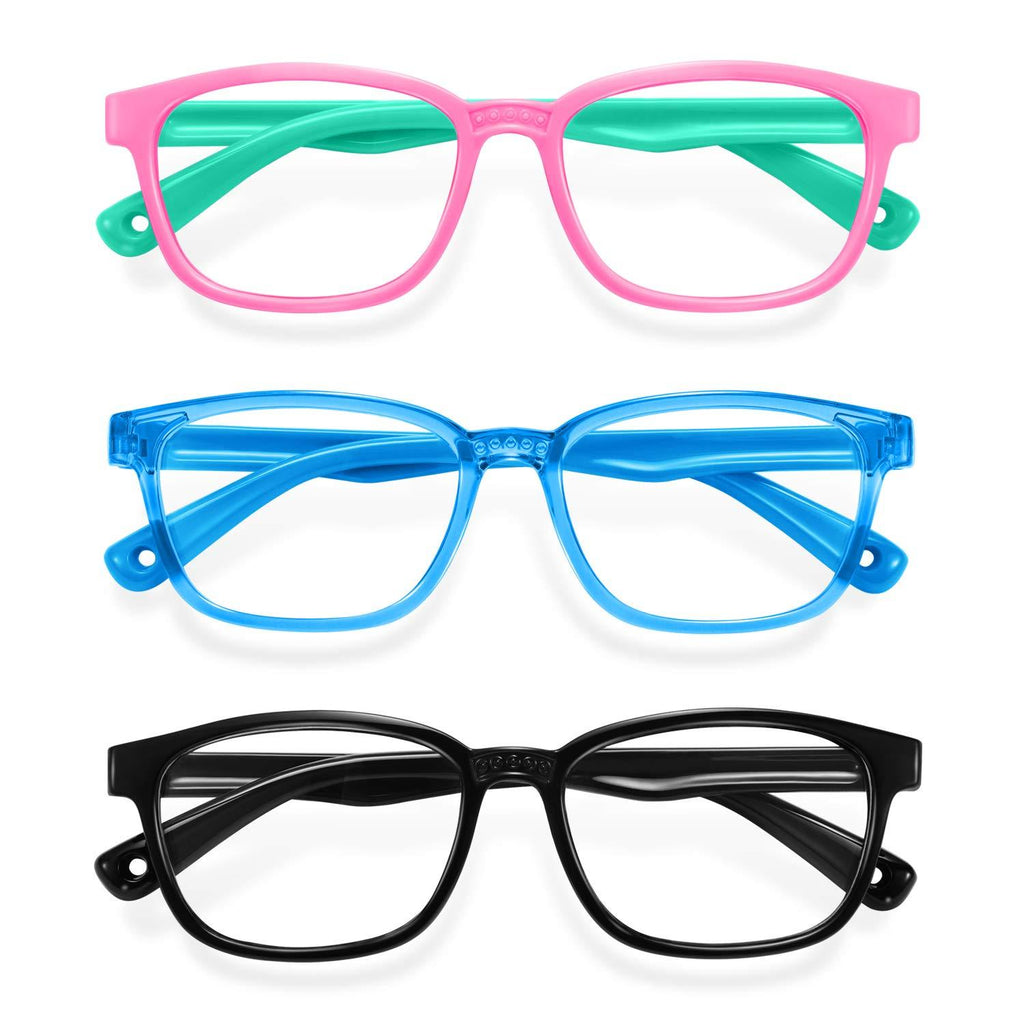 Blue Light Glasses for Kids 3 Pack Anti Glare & Eye Strain Glasses Computer TV Phone Tablets UV Protection Glasses for Kids Boys Girls Age 3-10(Pink Green + Transparent Blue + Black) 3 Packs Pink Green & Transparent Blue & Black