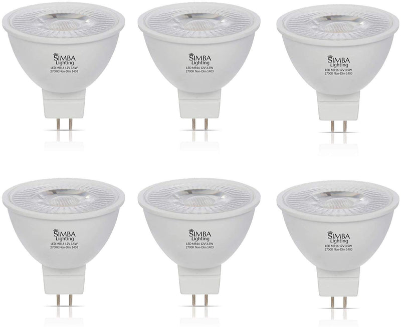 Simba Lighting LED MR16 3.5W 12V Light Bulb (6 Pack) 20W Halogen Spotlight Replacement for Landscape, Accent, Track Lights, Desk Lamps, BAB C, GU5.3 Bipin Base, 2700K Warm White, Not Dimmable