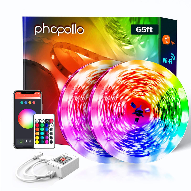 Phopollo WiFi Smart Led Lights 65.6 ft with Remote Compatible with Alexa Google Home App Control Music Mode Led Light Strips for Bedroom, Living Room, Kitchen 65.6FT