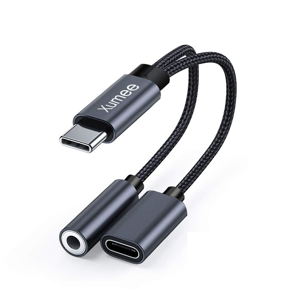 USB Type C to 3.5mm Headphone and Charger Adapter,Xumee 2-in-1 USB C to Aux Audio Jack Hi-Res DAC and Fast Charging Dongle Cable Compatible with Pixel 4 3 XL, Galaxy S21 S20 S20+ Plus Note 20 (Grey) Grey
