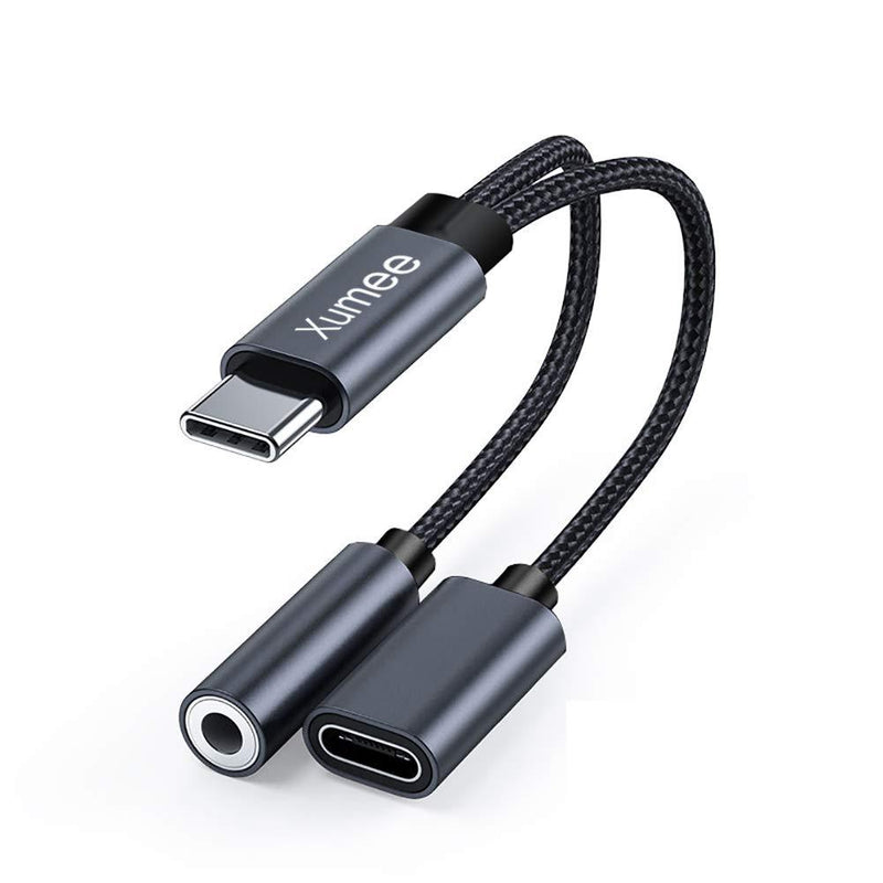 USB Type C to 3.5mm Headphone and Charger Adapter,Xumee 2-in-1 USB C to Aux Audio Jack Hi-Res DAC and Fast Charging Dongle Cable Compatible with Pixel 4 3 XL, Galaxy S21 S20 S20+ Plus Note 20 (Grey) Grey