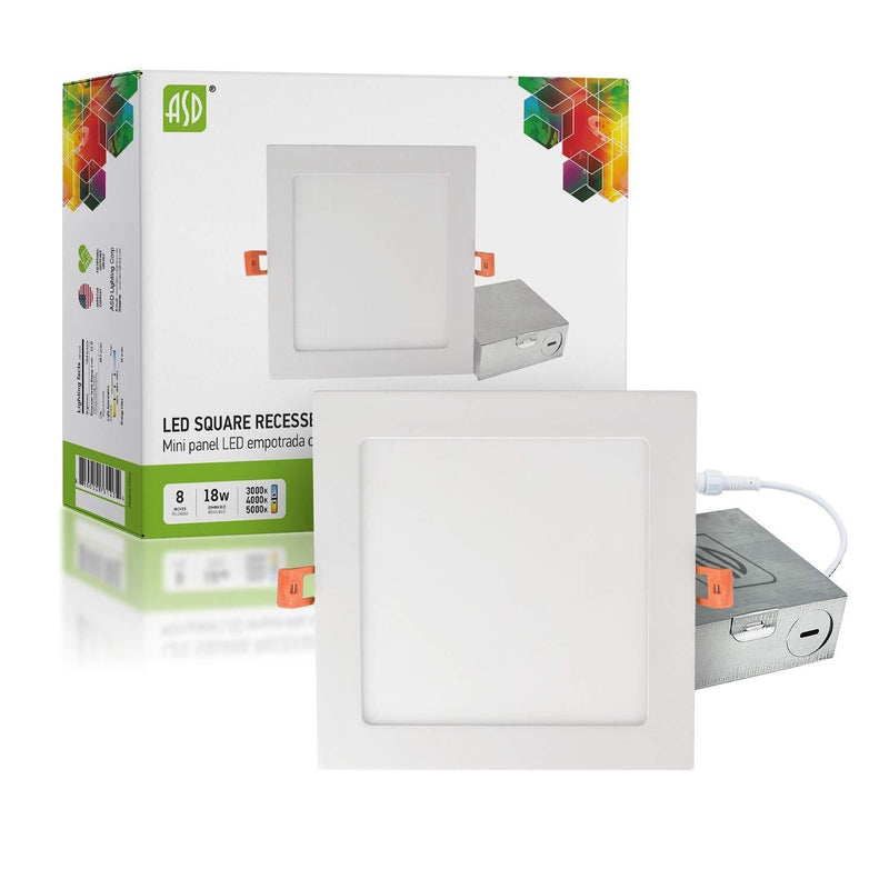 ASD 8 Inch Ultra-Thin LED Recessed Ceiling Light with J-Box, Dimmable Square Panel Downlight 18W 1350Lm, Color Temperature Selectable 3000K-4000K-5000K White Finish, IC Rated ETL Energy Star 1-Pack