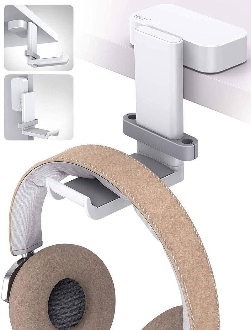 Lamicall Headphone Stand, Headset Hanger - 360 Degree Rotation Earphone Stick Hook Holder Mount, Table Headphone Stand with Cable Organizer, Gaming Headset Clamp for HyperX, Sennheiser, Sony - White