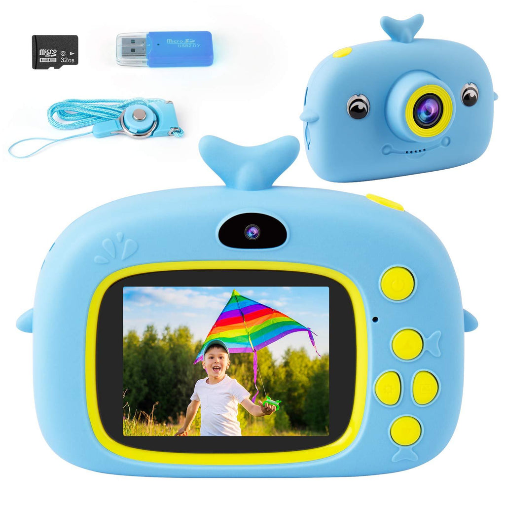Kids Camera, Dual Selfie Digital Video Camcorder Camera 2 Inch IPS Screen 5 Puzzle Games 1080P Rechargeable Action Camera 32G SD Card Birthday Christmas Holiday for 3-12 Year Old Girls Boys (Blue) Blue