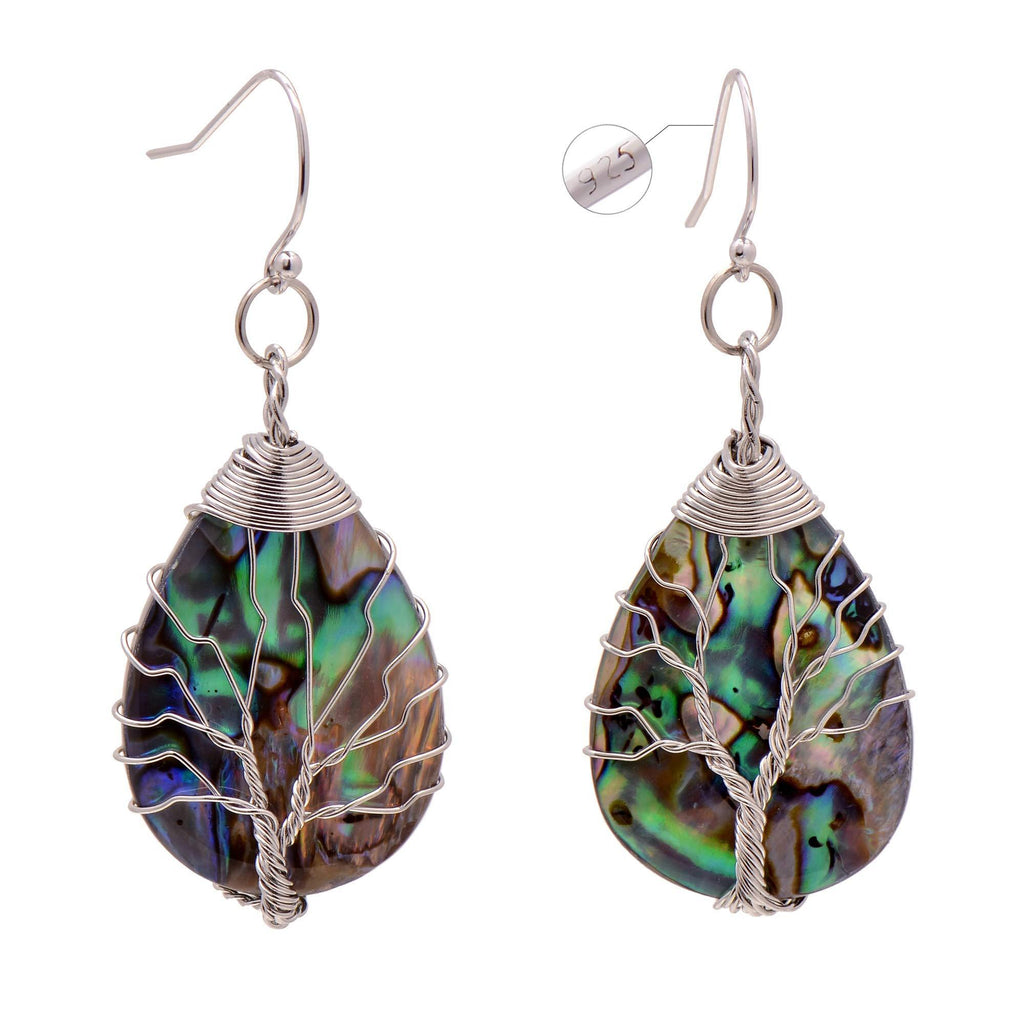 Tree of Life Hand Wrapped Sea Abalone Shell Earrings for Women, Sterling Silver French Wire Sterling Silver-White