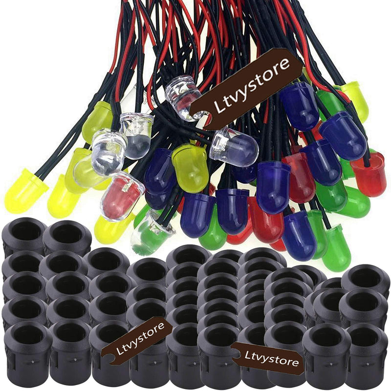Ltvystore 100Pcs 10MM 12V LED Pre Wired Prewired Lamp Light Bulb Prewired Emitting Diode Assorted Color 7.87" Length& Black 10MM LED Plastic Clip Holder Display Panel 5colors