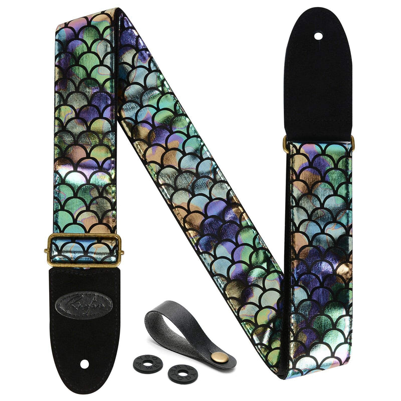 Guitar Strap Bling Mermaid Style 2 Strap Locks with 1 Strap Button - Cotton & Suede Leather Ends Strap for Acoustic & Electric Guitars, Bass Guitars (Bling Mermaid)
