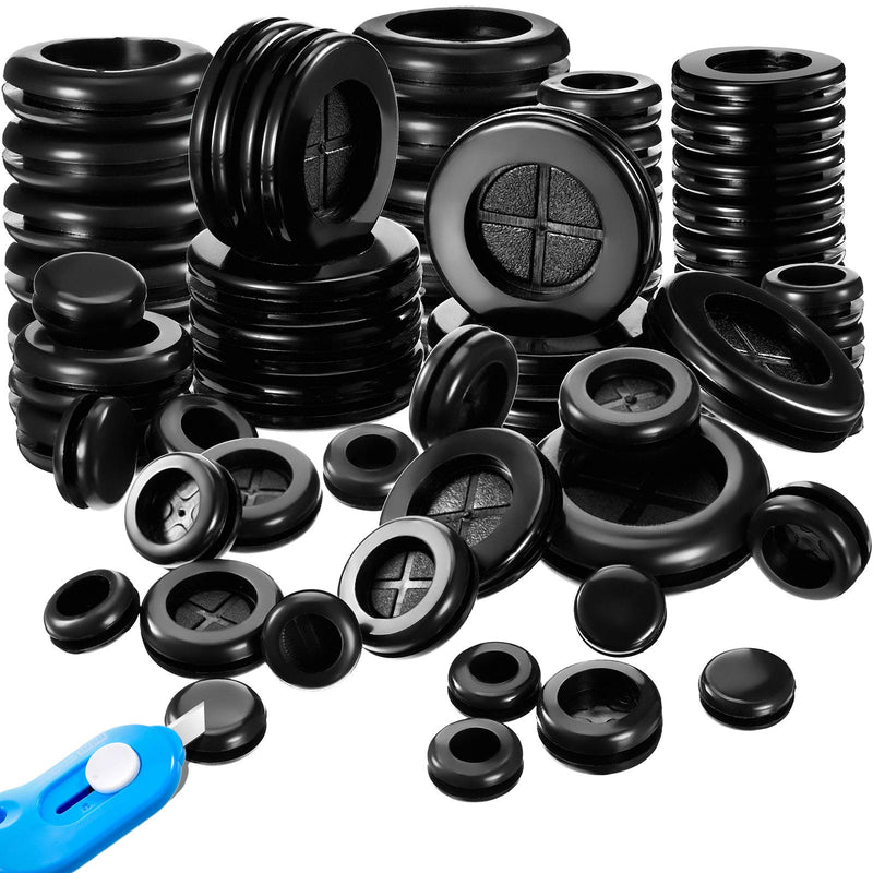 130 Pieces Rubber Grommet Round Electrical Wire Gasket with Retractable Box Knife for Cable Firewall Hole Plug, 1 1/2 Inch 1 Inch 7/8 Inch 13/16 Inch 5/8 Inch 13/32 Inch 5/16 Inch (Black) Black