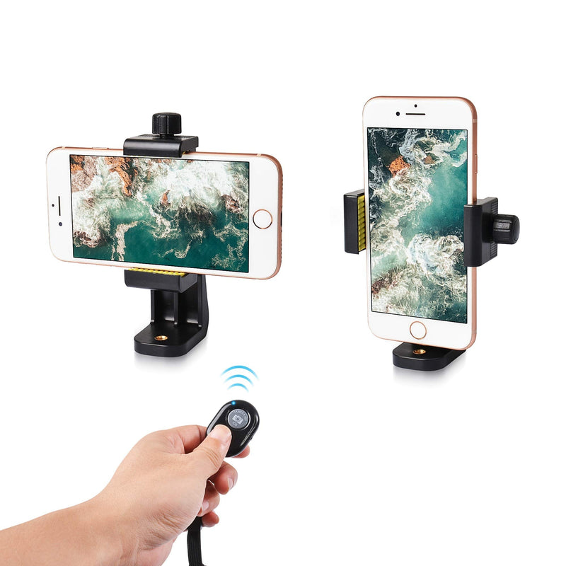 Phone Tripod Mount, Phone Clip with Bluetooth Remote, Riqiorod Vertical Mobile Cell Phone Tripod Holder Adapter Compatible with iPhone 11 12 X Samsung.