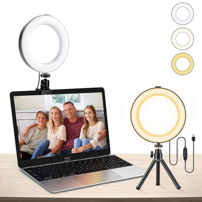 6'' Ring Light for Laptop with Tripod & Clamp Mount for Desk Video Conference Lighting, 3 Light Modes 10 Brightness Level,Desktop Light for YouTube Video,Makeup,Selfie (White) white