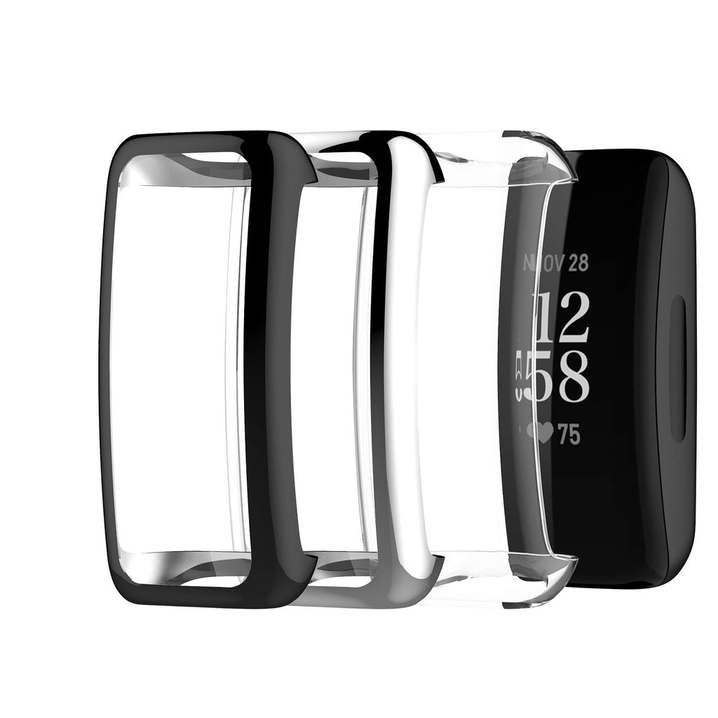 (3 Pack) Seltureone Compatible for Fitbit Inspire 2 Case, Overall Soft Protective TPU Anti-Scratch Shockproof Cases Cover for Inspire 2 Screen Protector, Clear, Black, Silver Clear,Black,Silver