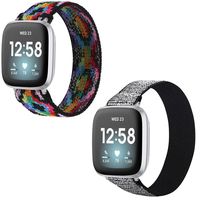 TOYOUTHS 2-Pack Compatible with Fitbit Versa 3 Bands Scrunchie Replacement for Fitbit Sense Elastic Strap Fabric Nylon Fashion Wristband Women Men Large Size (Boho Colorful+Glitter Silver)