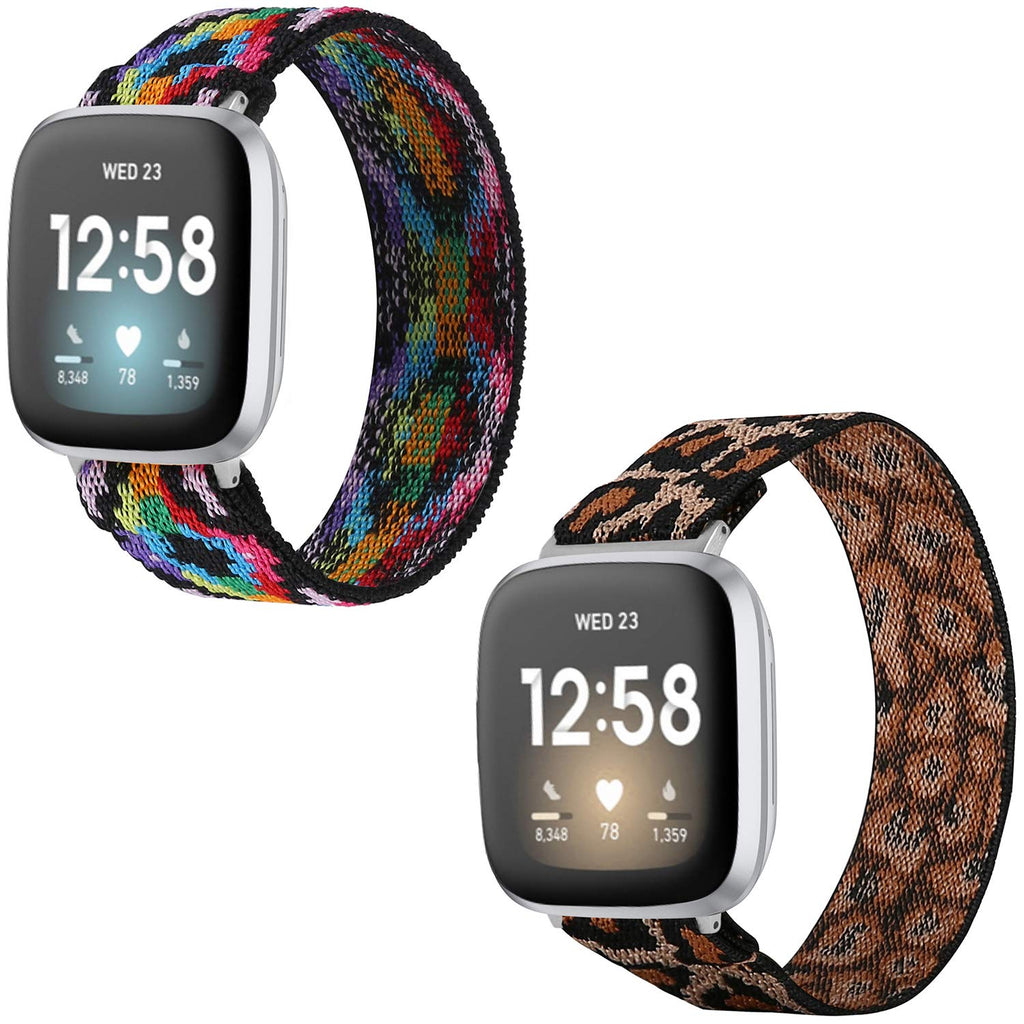TOYOUTHS 2-Pack Compatible with Fitbit Versa 3 Bands Scrunchie Replacement for Fitbit Sense Elastic Strap Fabric Nylon Fashion Wristband Women Men Large Size (Boho Colorful+Leopard)
