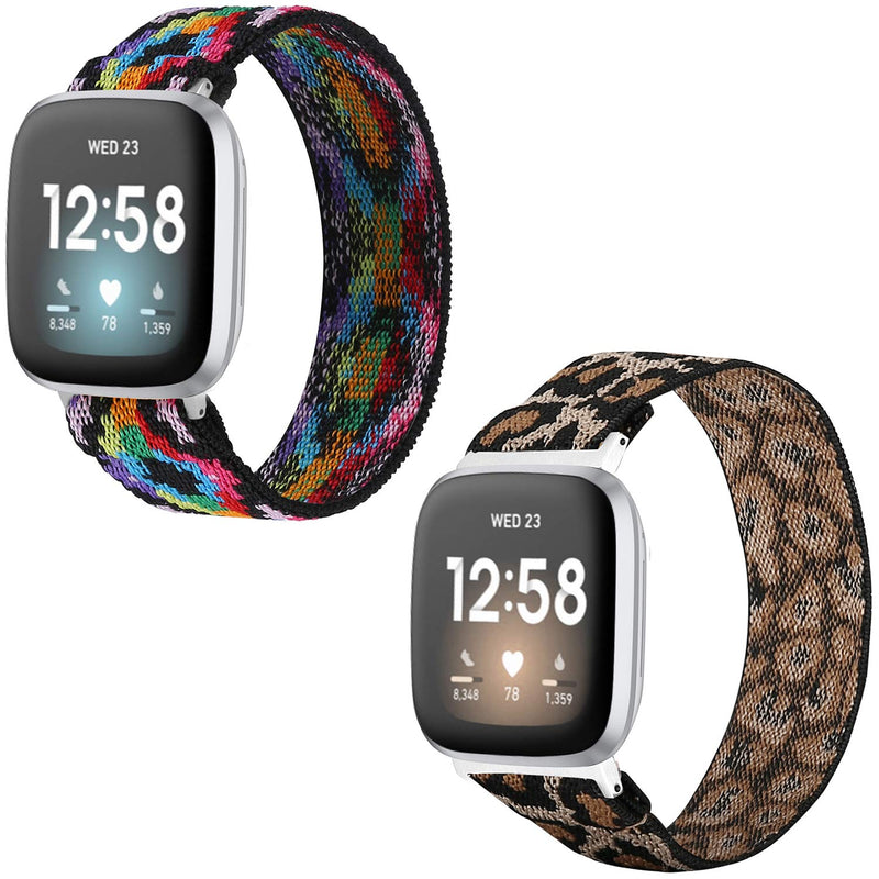 TOYOUTHS 2-Pack Compatible with Fitbit Versa 3 Bands Scrunchie Replacement for Fitbit Sense Elastic Strap Fabric Nylon Fashion Wristband Women Men Large Size (Boho Colorful+Cheetah)
