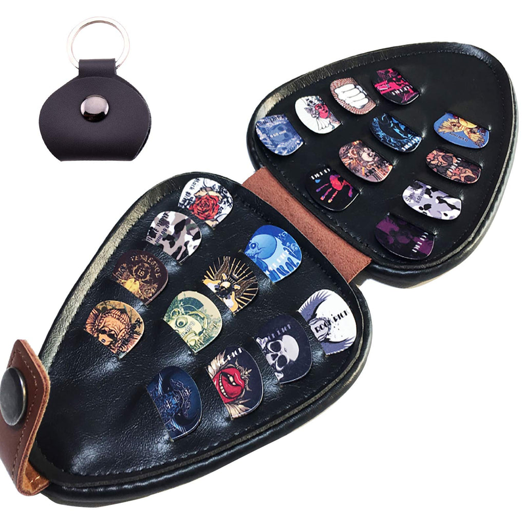 Guitar pick holder with 22 guitar picks (different patterns and thicknesses) can accommodate pick case of various thicknesses. PU leather outer layer is brown, inner layer is black