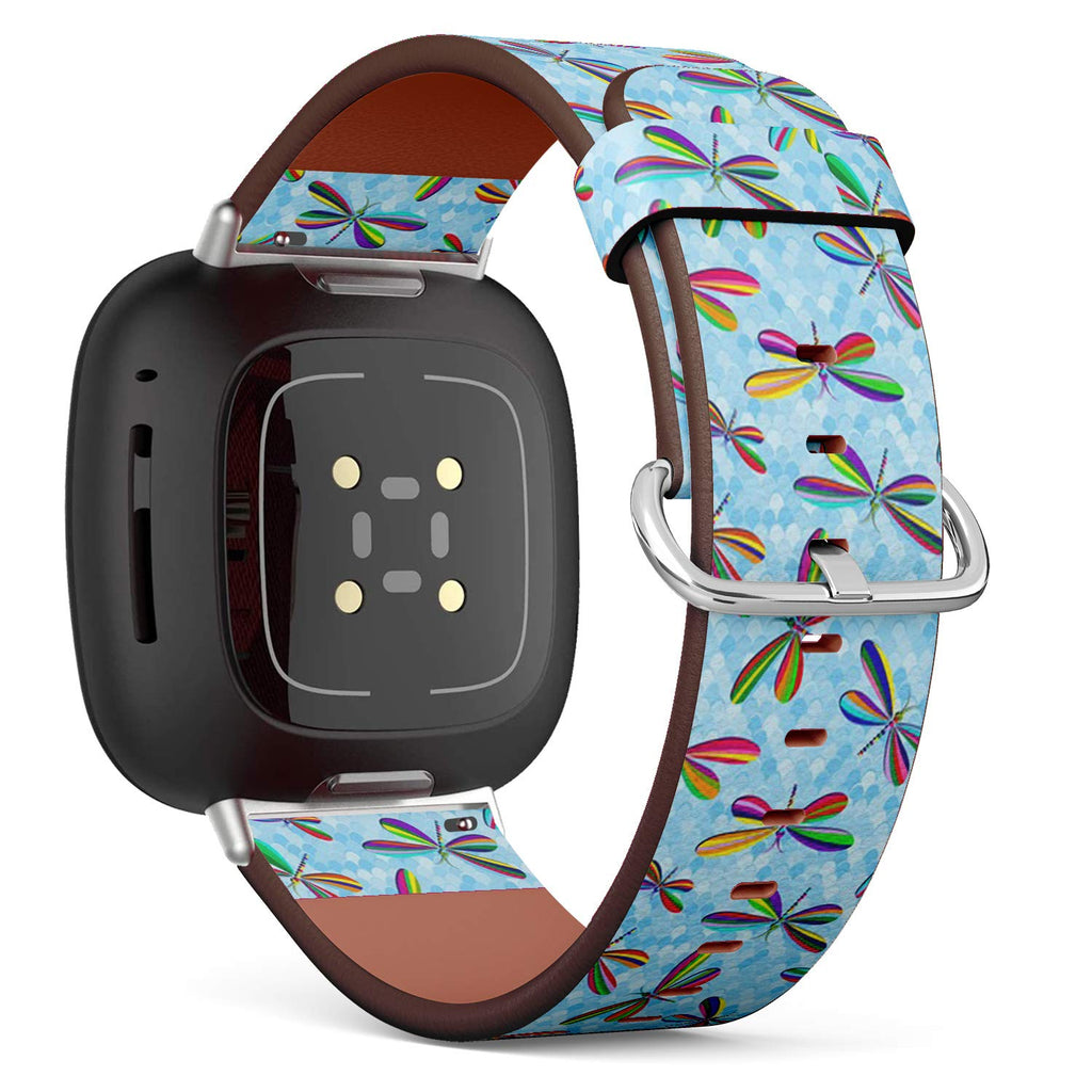 SMODDIX Replacement Band Compatible with Fitbit Sense/Fitbit Versa 3, Leather Strap Wristband Bracelet (Multicolored Striped Dragonflies)