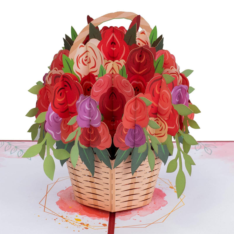 Paper Love Basket of Roses Pop Up Card, Handmade 3D Popup Greeting Cards for Valentines Day, Mothers Day, Wedding, Anniversary, Love, Romance, Thank You, Thinking of You, All Occasion | 5" x 7"