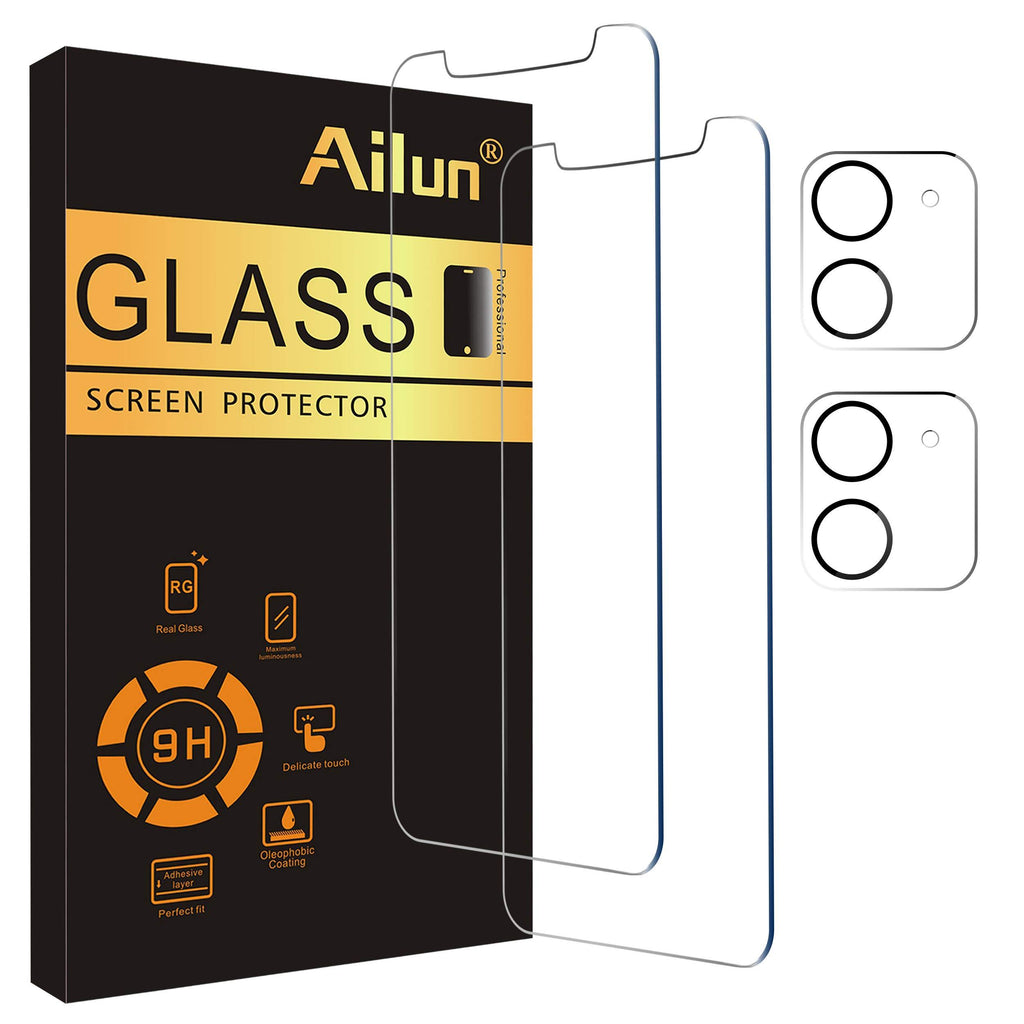 Ailun 2 Pack Screen Protector Compatible for iPhone 12[6.1 inch] + 2 Pack Camera Lens Protector,Tempered Glass Film,[9H Hardness] - HD