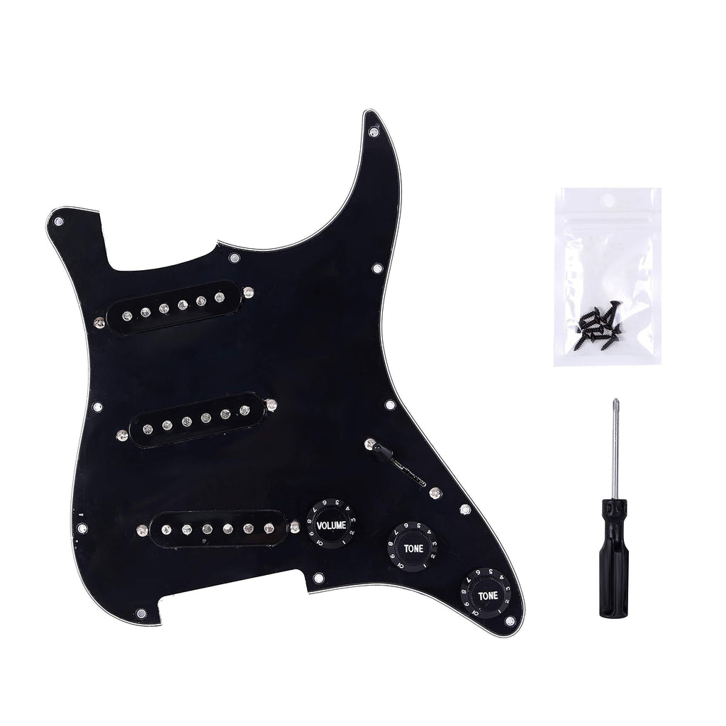 Gusnilo Musiclily 11-hole SSS guitar single coil Pickguard loaded pre-wiring board set for Fender Strat Stratocaster guitar parts, 3 layers of black, with screws, reinforced rotating tool