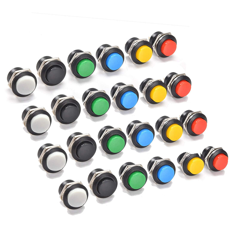 24Pcs 16MM Momentary Push Button on Off Switch Assorted Red Green Yellow Blue White Black,3A 250V AC 2-Pin Self-Resetting Mini Round Switch