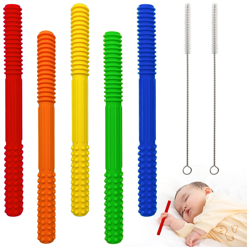 Tenozek Hollow Teething Tubes, Teething Toys for Babies 0-6 Months 5 Pack Baby Teether Tubes Silicone Teething Tubes Teether Straws for Infant Toddler Baby Girls and Boys