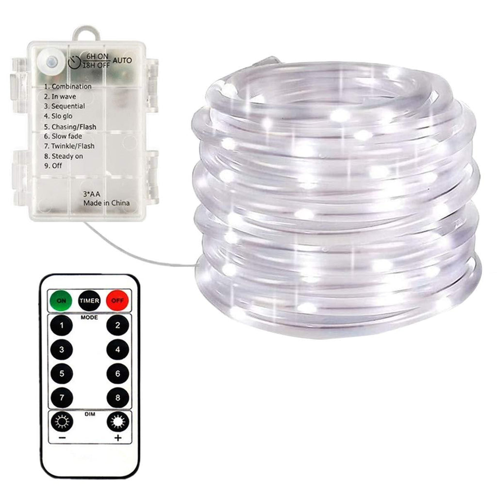 echosari Rope Fairy Lights Battery Powered, 16.4Ft 50LED Rope Light String with Remote, Timer, 8 Modes, Dimmable, Garden String Lights Outdoor Waterproof, Led Rope Lights White Indoor Decoration