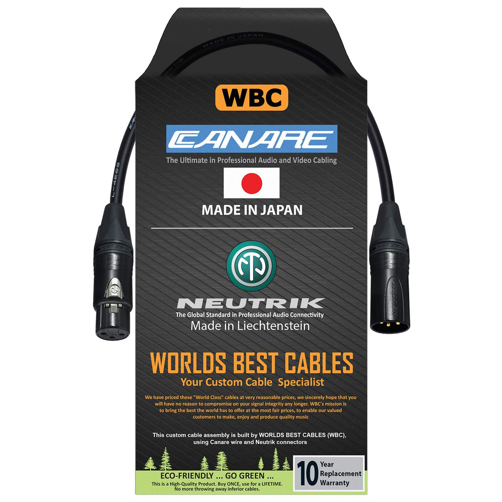 1.5 Foot – Quad Balanced Microphone Cable Custom Made by WORLDS BEST CABLES – Using Canare L-4E6S Wire and Neutrik Gold NC3MXX-B Male & NC3FXX-B Female XLR Plugs