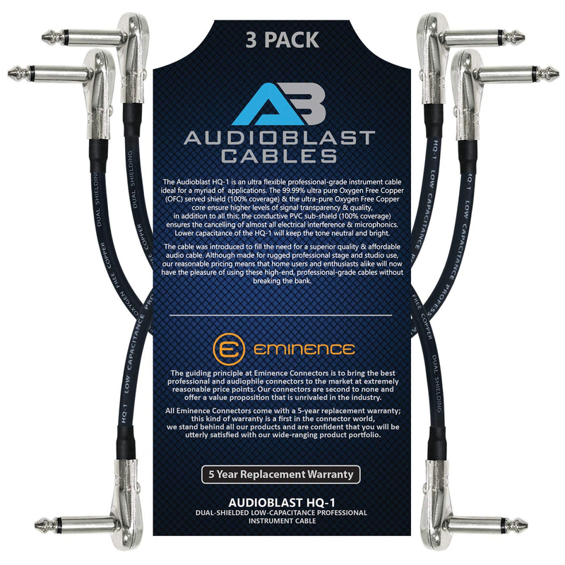3 Units - 6 Inch - Audioblast HQ-1 - Ultra Flexible - Dual Shielded (100%) - Instrument Effects Pedal Patch Cable w/ ¼ inch (6.35mm) Low-Profile, R/A Pancake Type TS Connectors & Dual Staggered Boots