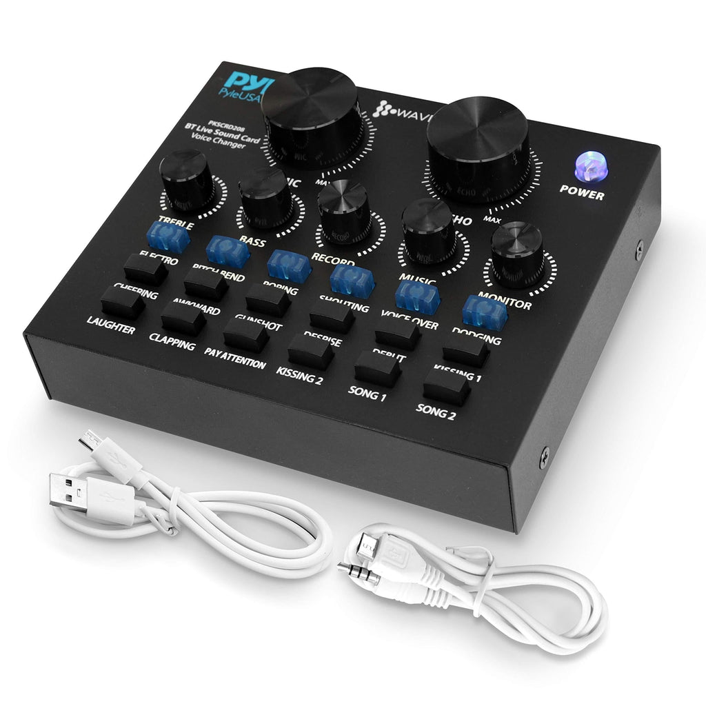 Pyle Bluetooth Mini Audio Podcast Mixer - Live Streaming for PC Computer iPhone Broadcasting | Voice Changer V8 Sound Card with 12 Sound Effects,3 Inputs, Mic Input (PKSCRD208) Podcast Mixer and Voice Changer