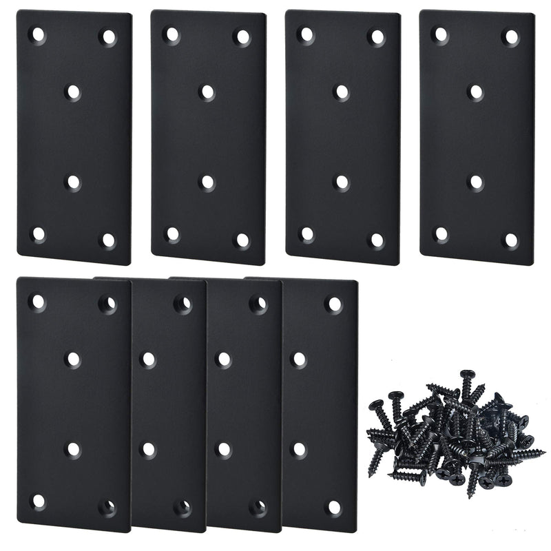 Worldity 8PCS Black Straight Brace, 3.94 x 1.97 Inches Flat Straight Mending Plates with Mounting Screws, Joining Fixing Bracket for Wood, Shelves, Cabinet, 2mm Thickness(Black)