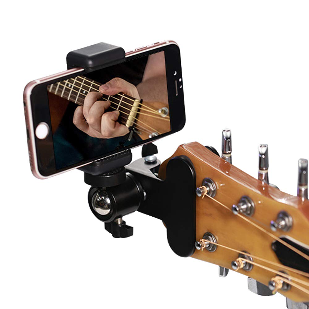 Guitar Bass Ukulele Headstock Cell Phone Holder, Live Broadcast Bracket Clip for iPhone Samsung Smart Phones, Mount for Close Up Home Music Recording