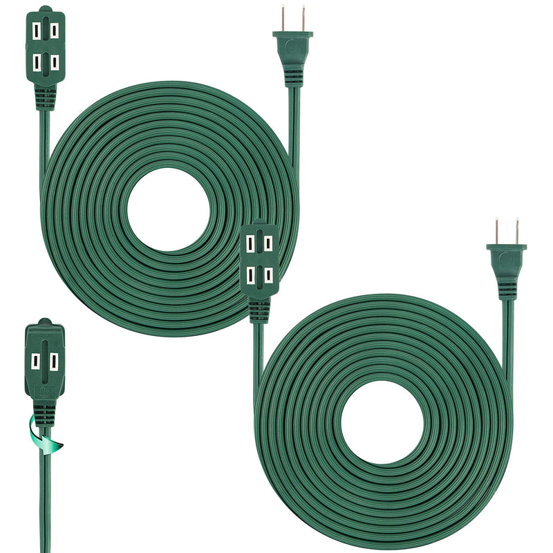 12 Feet Green Extension Cord, 3 Outlet, 2 Prong, 16 Gauge Cable, 3 Receptacle Cube Tap, Indoor use, (2 Pack) - by Revpex 12 FEET 2 PACK