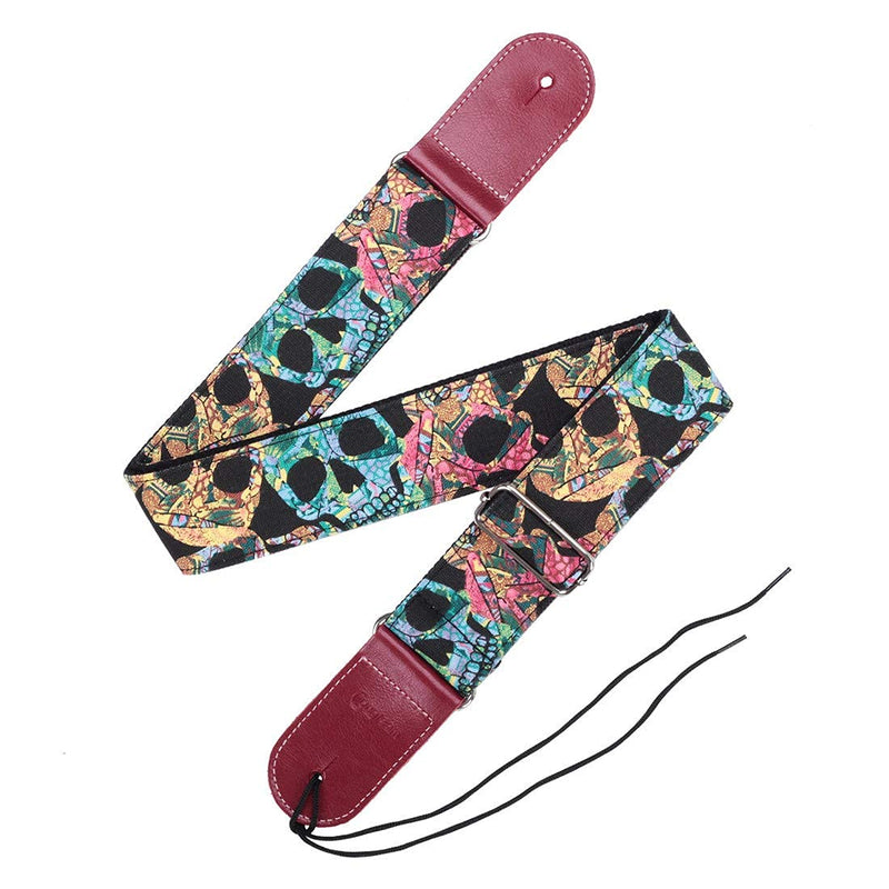 Guitar Strap for Electric/Ascoustic Guitars & Bass, 2" Wide Adjustable Guitar Straps with Leather Ends - Include 3 Guitar Picks + 1 Strap Button + 1 Lace Multicoloured skulls