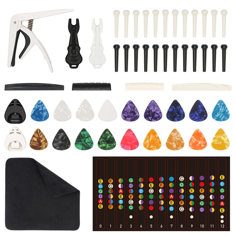 INKNOTE 53 PCS Guitar Accessories Kit-Acoustic Guitar Bridge Pins Pegs,Bridge Pin Puller Remover,Capo,Guitar Picks,Pick Holder and Guitar Saddle Nut,with Guitar Scale Sticker and dust-free cloth