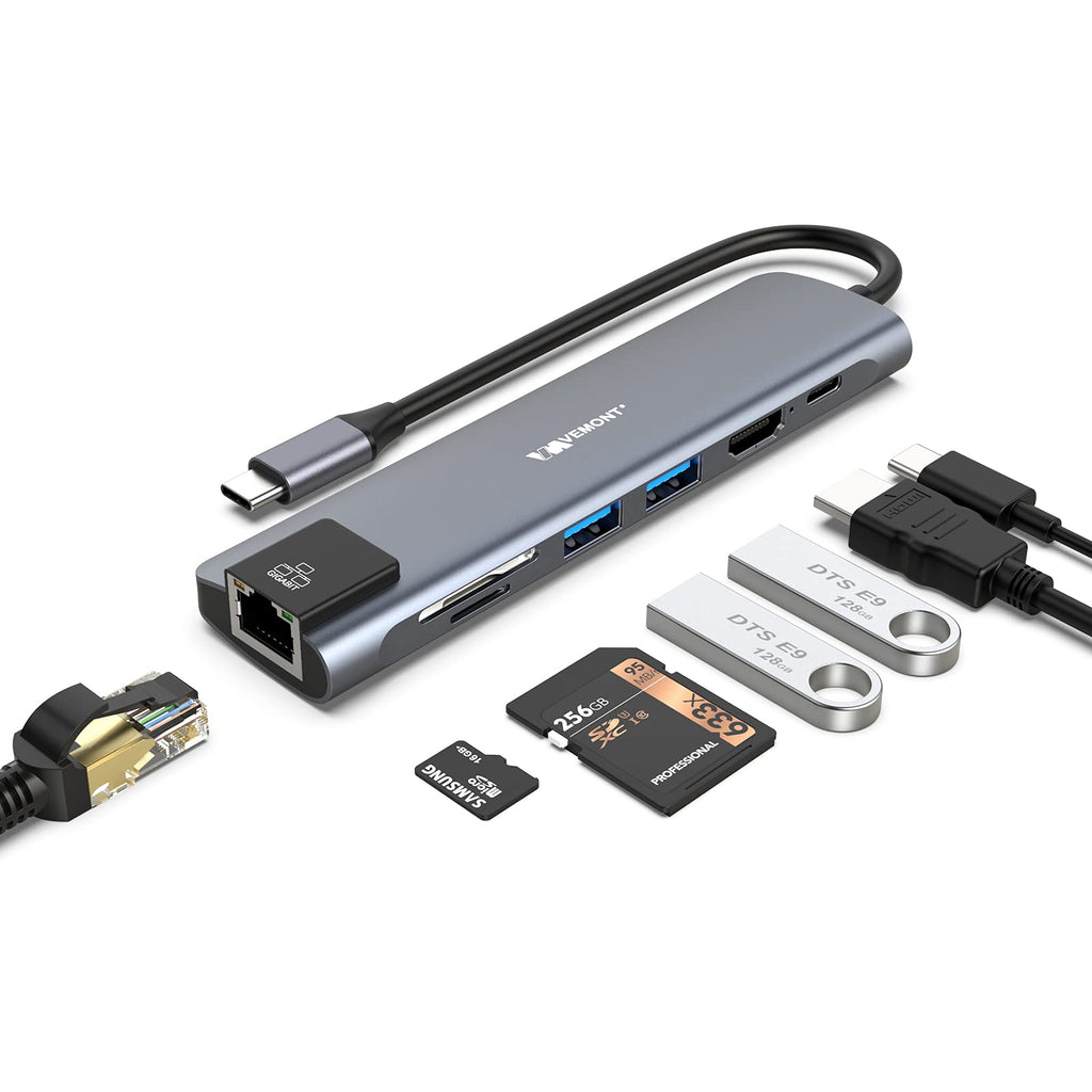 USB C Hub,Vemont 7 in 1 Type C Adapter with USB C to 4K HDMI,1Gbps Ethernet RJ45,100W Power Delivery,2 USB 3.0 Data Ports,SD/TF Card Readers,Compatible for MacBook Pro/Air, XPS, and More USB C Device Gray 2