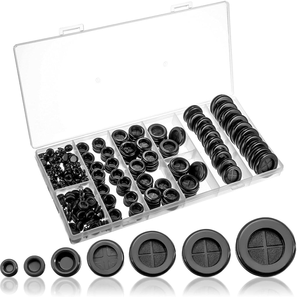170 Pieces Rubber Grommets Double Sided Round Rubber Hole Plug 7 Sizes Eyelet Ring Gasket Assortment Drill Hole 7/25, 7/20, 12/25, 5/8, 13/16, 7/8, 1 Inch for Cable Firewall Hole Plug