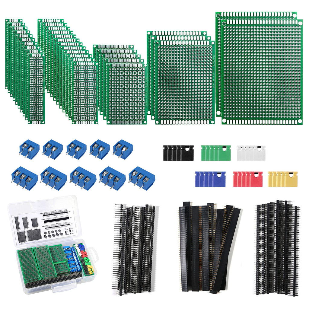 ALAMSCN 100PCS Double Sided PCB Board Kit Printed Circuit Prototype Boards 5 Sizes + 40 Pin 2.54mm Male Female Header Connector for DIY Soldering Electronic Project Experimental Development Plate