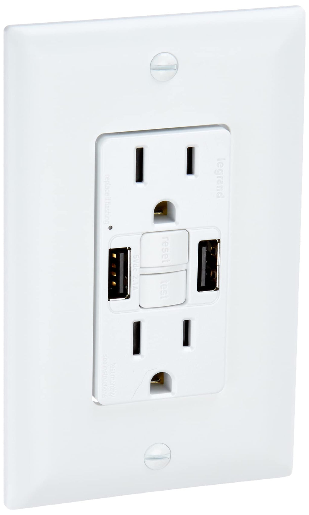 Legrand Radiant® USB GFCI Outlet, 15A Tamper-Resistant, Self-Test, Type-A/A, White, 1597TRUSBAAW