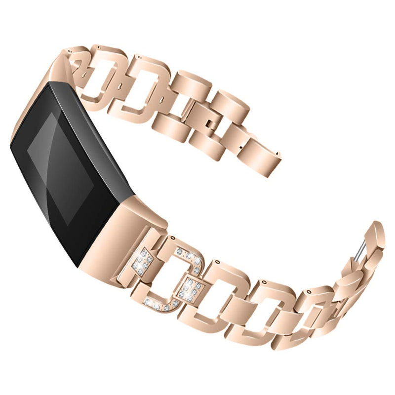 Hopply Compatible with Fitbit Charge 3 / Charge 4 Bands for Women Replacement Metal Charge 3 hr Strap Band with Bling Rhinestone Bangle for Fitbit Charge 4 Special Edition (Rose Gold) Rose Gold