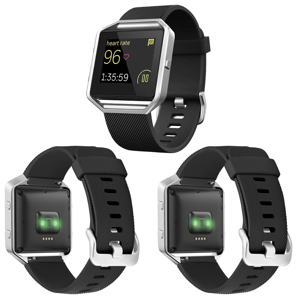 ESeekGo Compatible with Fitbit Blaze Bands for Men Women, 3 Pack Silicone Band with 1 Pcs Silver Metal Frame Compatible with Fitbit Blaze Sport Fitness Accessory Replacement Wristband, All Black 5.9-8.2 Inches Black&Black&Black+1 Silver Frame